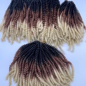Row of tightly curled hair extensions in an ombre gradient from black at the roots to cream at the tips, hanging against a light background.