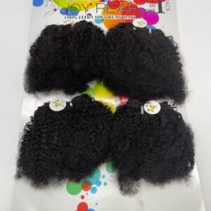 Black, tight-curly hair extensions arranged on a colorful product display card with brand name Joy Reap visible at the top (hair accessory packaging).