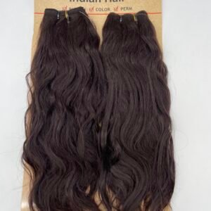 Two dark brown wavy hair extensions clipped to a beige retailer card marked 'In Fashion Indian Hair'.