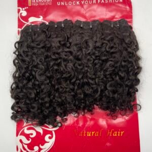 Bundle of tight black curly hair extensions clipped to a red packaging card that says 'Natural Hair' at the bottom.