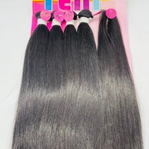 Row of long black hair extension bundles tied with white bands, displayed on a bright pink card with 28" labels.