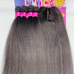 Row of dark hair extension bundles with bright pink bands laid on a colorful display board