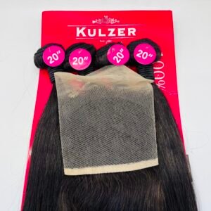 Product image of hair extensions laid over a red Kulzer packaging with four black wefts labeled 20" in pink circles and a beige mesh wrap over the hair