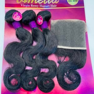 Three black hair extension bundles tied with purple wraps, displayed on Amella Virgin Remy Human Hair packaging with a hair net nearby.