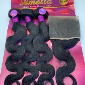 Bundles of long black hair extensions with pink and purple packaging labeled 'Amella Virgin Remy Human Hair' (20 inch)