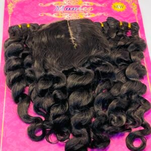 Bundles of dark curly hair extensions laid on a bright pink card with gold decorative patterns, featuring the word 'Monica' and a yellow 'NEW' badge in the top right corner.