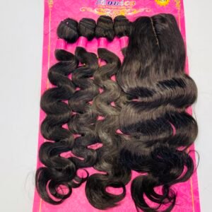 Dark brown to black curly hair extensions on a bright pink display card labeled 'Monica' with gold decorative pattern and 'New' tag (hair bundles shown).