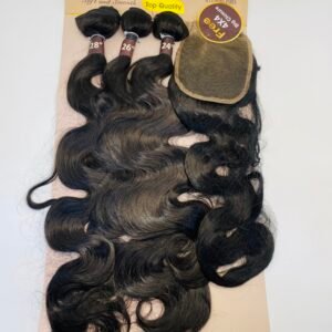 Hair extension wefts with lengths 28", 26", and 24" attached to a beige display card labeled 'Brazilian Hair' and a beige wig cap on the side.