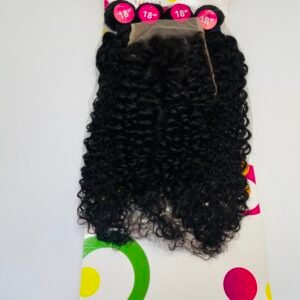 Rear view of long, tightly curled black hair extensions attached to a colorful packaging board with pink circles labeled 18".