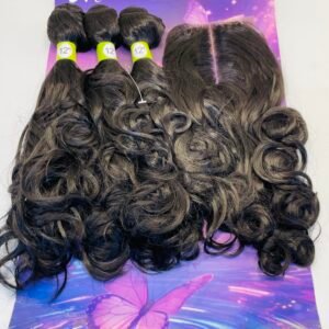 Three dark brown, curly hair extensions labeled 12 inches, laid on a purple butterfly-themed display.