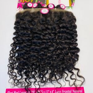 Dark curly hair extensions displayed on a packaging card with pink branding and lace-frontal text visible