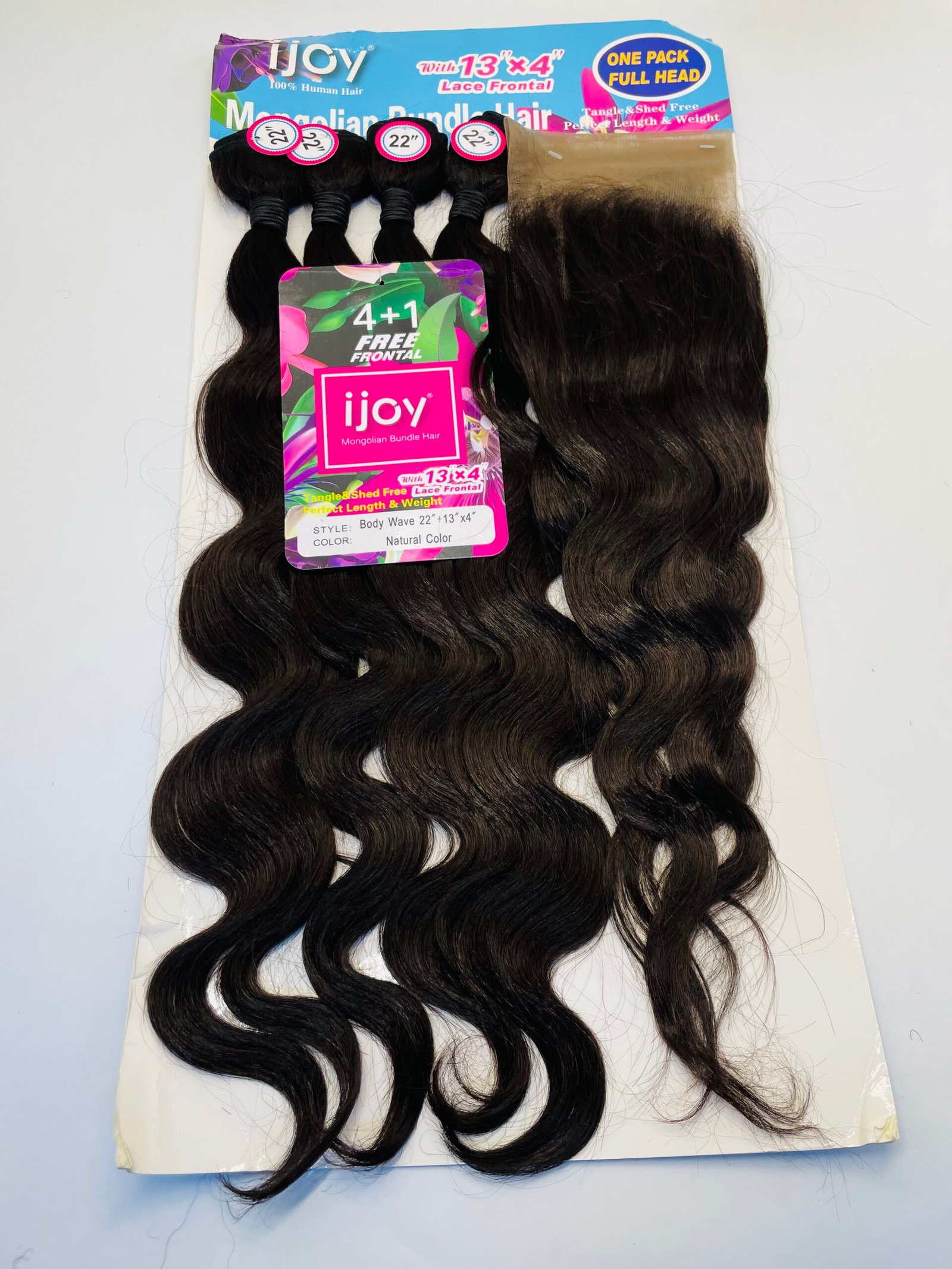 Dark brown wavy hair extensions in multiple bundles attached to a colorful package with an 'ijoy' label and 4+1 Free Frontal