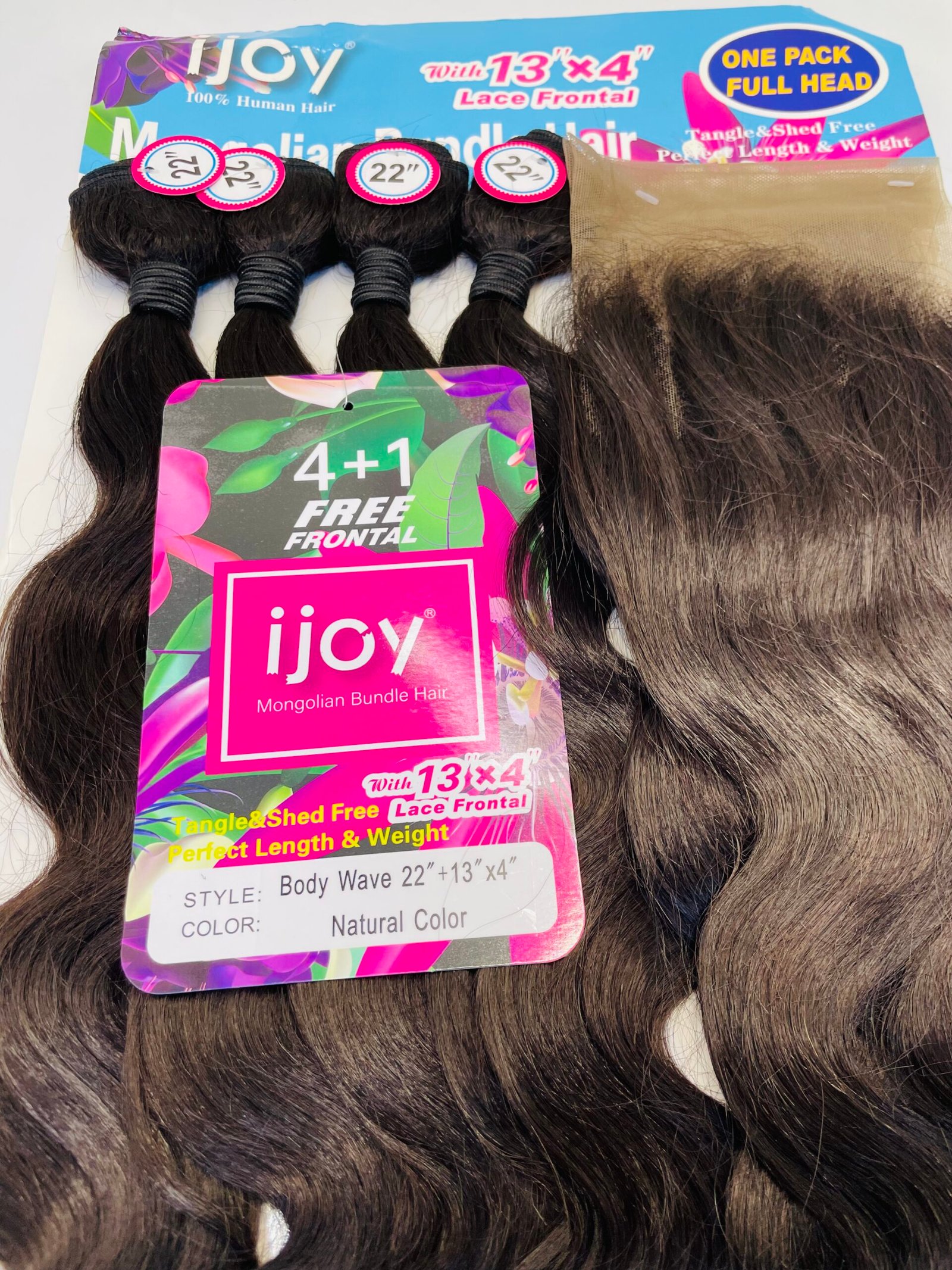 iJoy Mongolian bundle hair with four dark brown bundles and a 13×4 lace frontal; packaging shows '4+1 Free Frontal'.