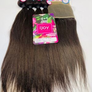 Bundle of straight dark brown hair extensions with colorful packaging labeled iJoy Mongolian Bundle Hair and a '4+1 Free Frontal' card showing natural color and 16"/18" sizing tags