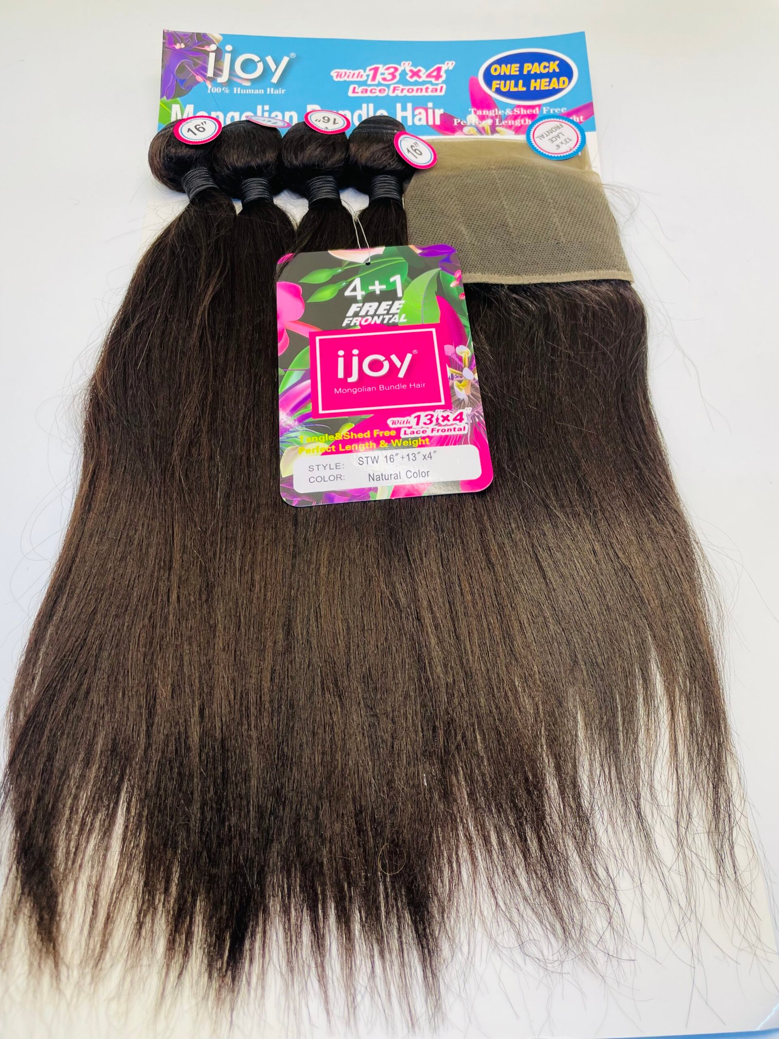 Bundle of straight dark brown hair extensions with colorful packaging labeled iJoy Mongolian Bundle Hair and a '4+1 Free Frontal' card showing natural color and 16"/18" sizing tags