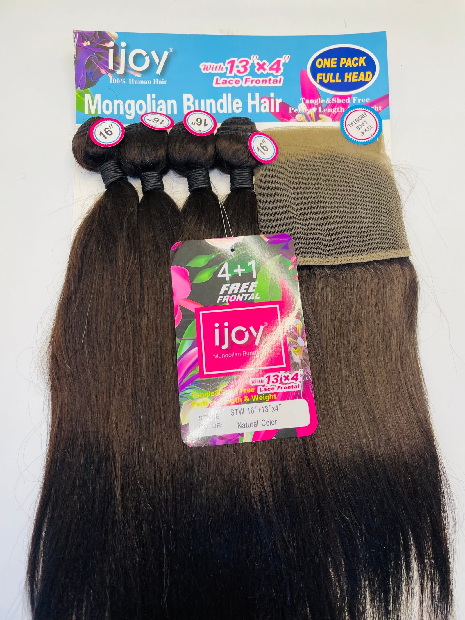 Dark brown Mongolian bundle hair extensions with iJoy packaging and 16-inch labels on each bundle.