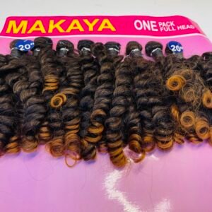 Dark curly hair extensions displayed on a pink board with MAKAYA branding and 'ONE PACK FULL HEAD' text.