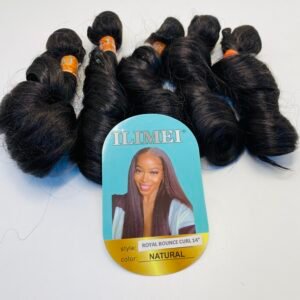 Group of black hair extension bundles with orange bands on a blue display card that says ILIMEI and features a model image.