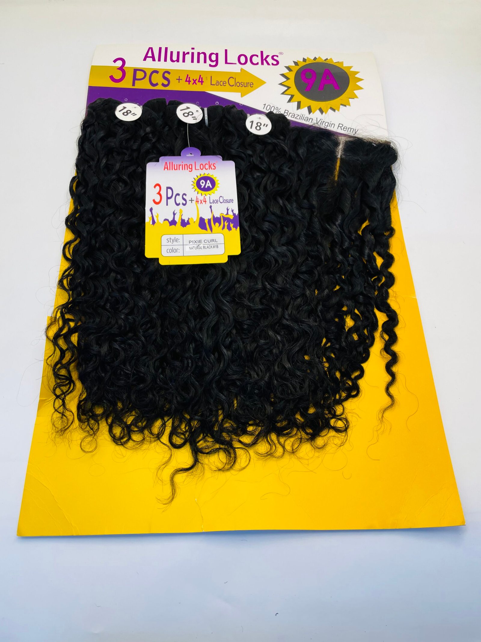 Product image of Alluring Locks curly black hair extensions on yellow packaging, labeled 3 pieces with lace closure.