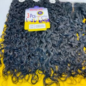 Close-up of curly black hair extensions with a yellow product tag reading Alluring Locks and '3 Pcs + 4x4 Lace Closure'.
