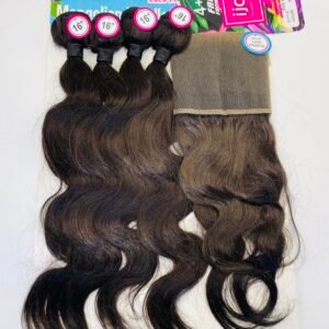 Several dark brown hair extension bundles with 16" length labels, attached to a colorful iJoy packaging card with a lace frontal panel visible.