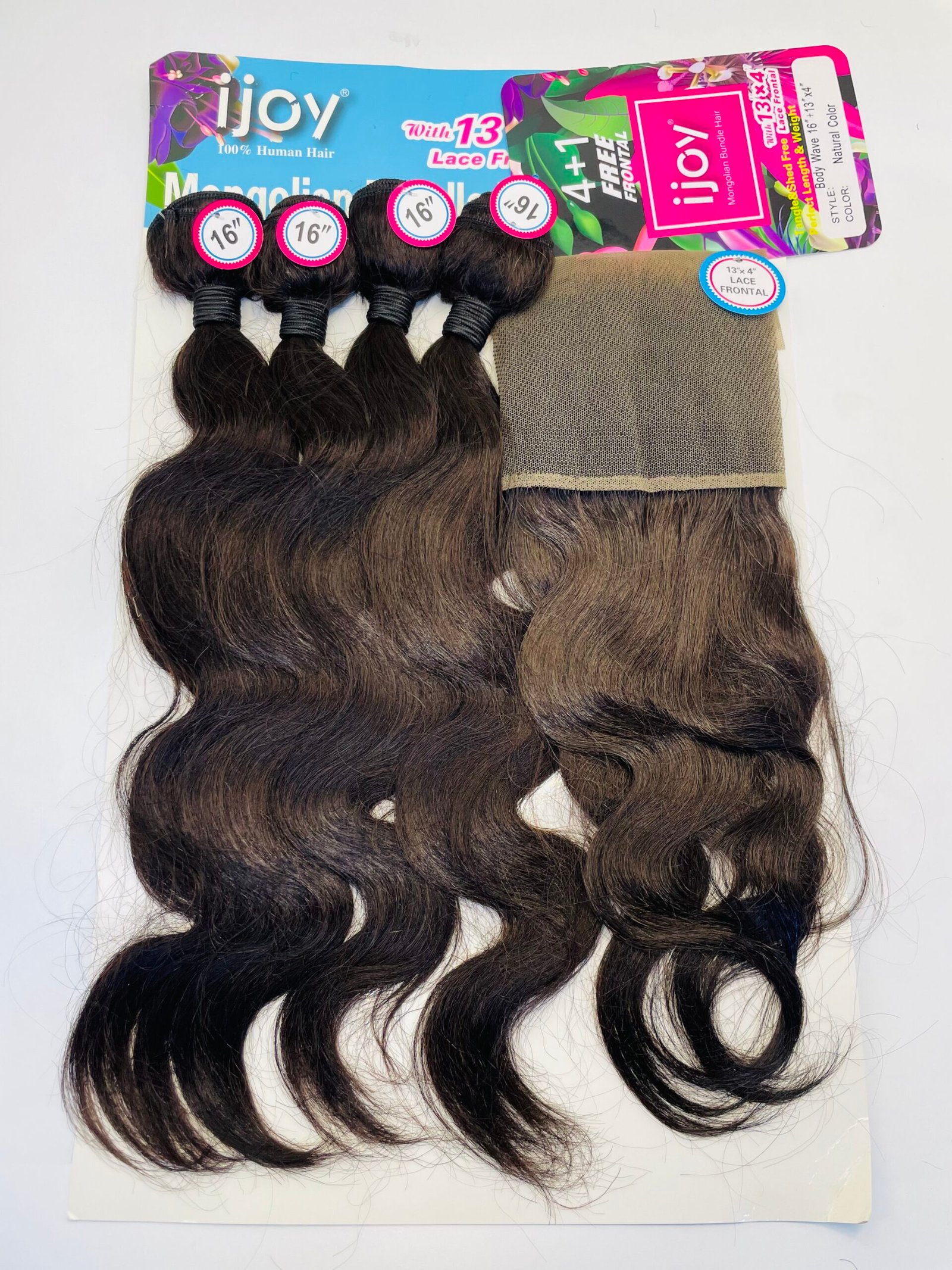Several dark brown hair extension bundles with 16" length labels, attached to a colorful iJoy packaging card with a lace frontal panel visible.
