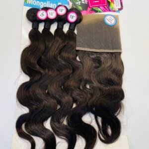 Five dark brown 18-inch wavy hair extension wefts with attached wrapped tops, laid on product packaging with blue/pink branding.