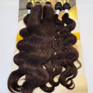 Four bundles of dark brown, wavy hair extensions attached to a yellow display card for sale on a light background.