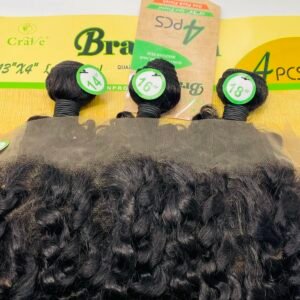 Close-up of black curly hair extensions with green length tags reading 14'', 16'', and 18'' on a yellow backdrop.