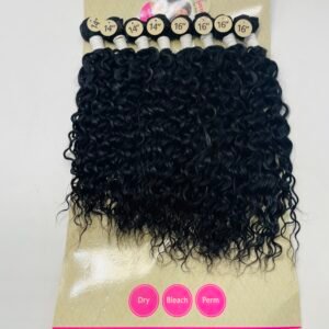 Curly black hair extensions attached to a beige display card showing size tags like 14 and 16 inches (Dejavu Brazilian Hair).