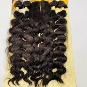 Bundle of long dark brown wavy hair extensions on a yellow display card