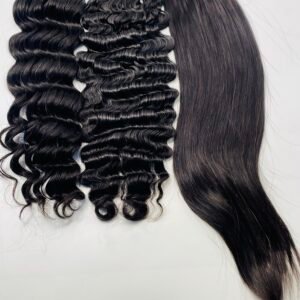 Three black hair extensions bundles: two with loose waves and one with straight, smooth texture against a light background.