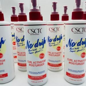 Rows of CSSR No-Drip curl activator moisturizer spray bottles with red caps and white labels in a store display