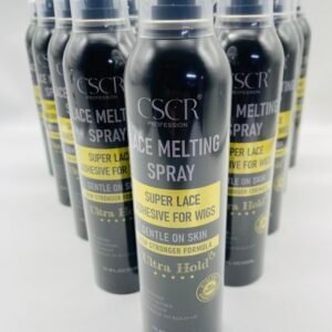 Row of CSCR Lace Melting Spray bottles with a yellow label, lined up on a white surface.