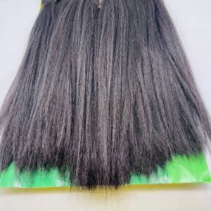 Bundles of long black hair extensions on a green backing card with yellow text showing 'Lydia Rose'
