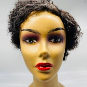 Mannequin head with dark curly hair and bold makeup, featuring red lips and dramatic eye shadow in a front view.