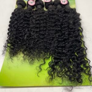 Black curly hair extensions with pink 14", 16", 18" length labels on a green display card