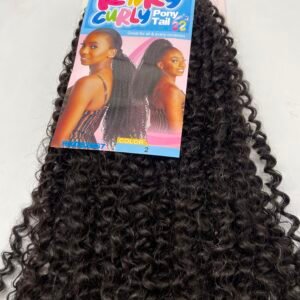 Curly hair bundle with packaging reading 'Kinky Curly Pony Tail 22' on a blue card with two models on the front, product display style