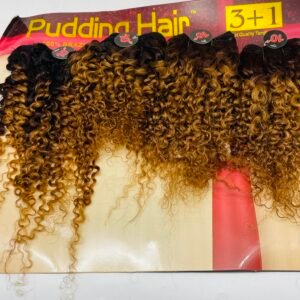 Curly hair extensions in dark to light caramel ombre arranged on a display with a red and yellow Pudding Hair sign above. Supports a product display.
