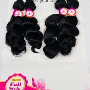 Bundles of long black hair extensions (16 inches) arranged on a pink, white background with branding text visible (Hairkey/Full Style).