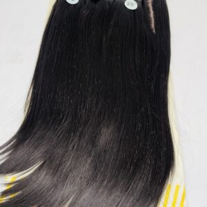 Bundle of long, straight black hair extensions with clip-in wefts and length tags reading 16, 18, and 20 inches on a light display card.