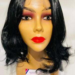 Mannequin head with long black hair and bold red lips, wearing a wig cap and pink eye makeup; a business card attached at the neck.